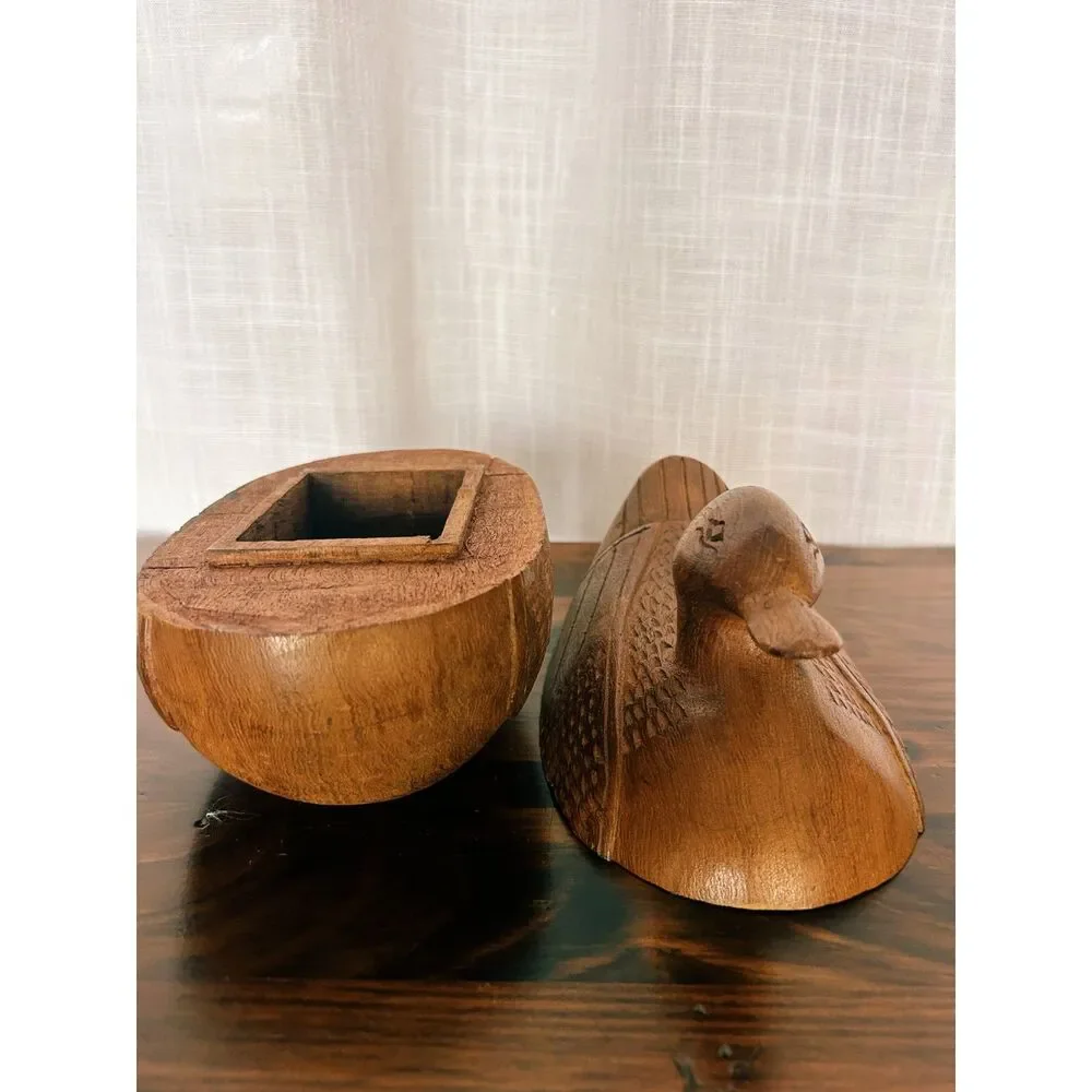 Vintage Hand-Carved Teak Wood Duck Trinket Box